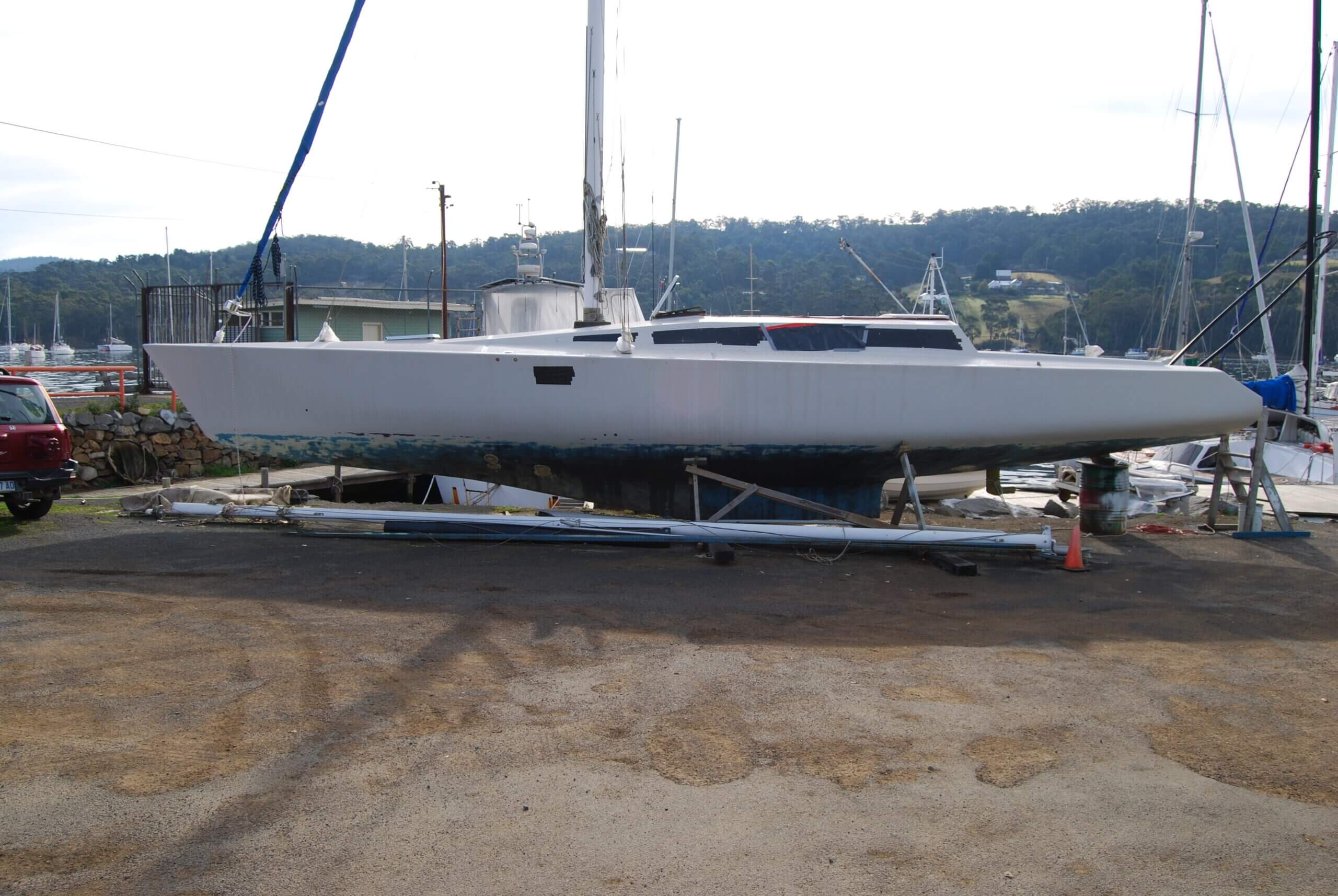 Rigging work on a sailing vessel at Kettering marina, Tasmania